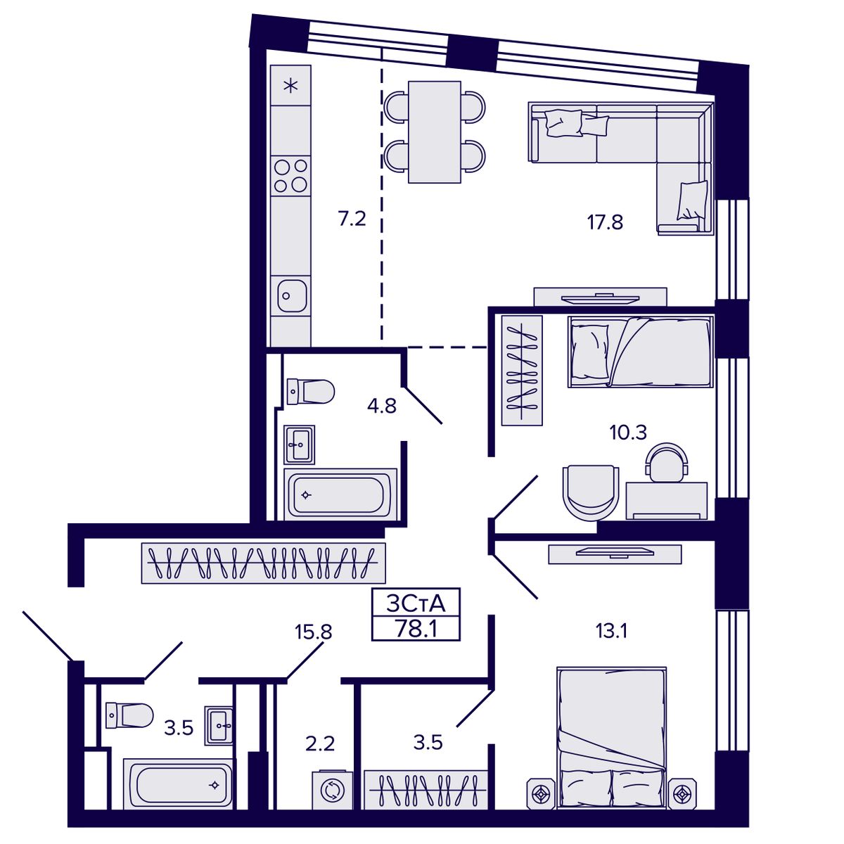 3-комнатная, 78.09 м², № 170 в Сподвижники