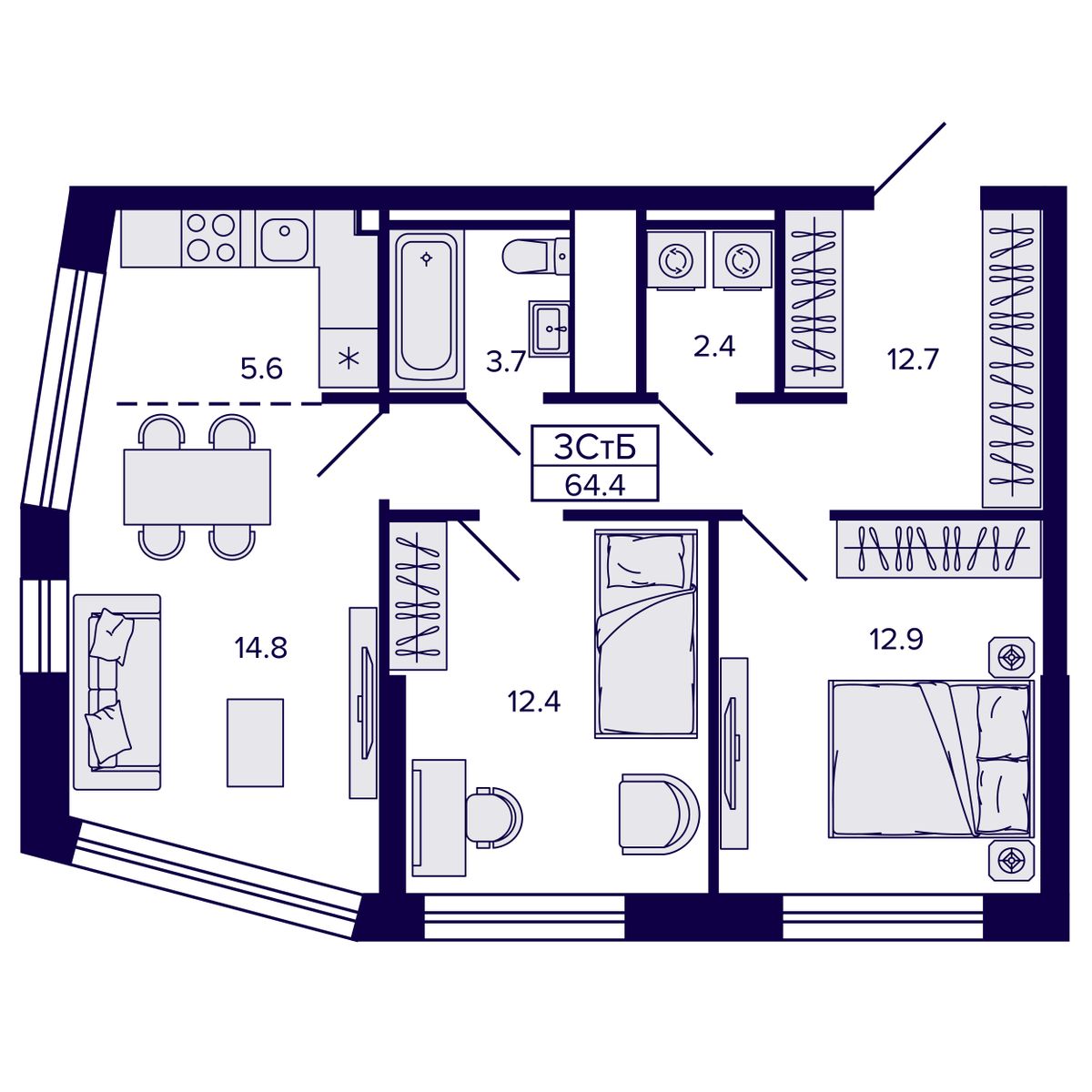 3-комнатная, 64.44 м², № 79 в Сподвижники