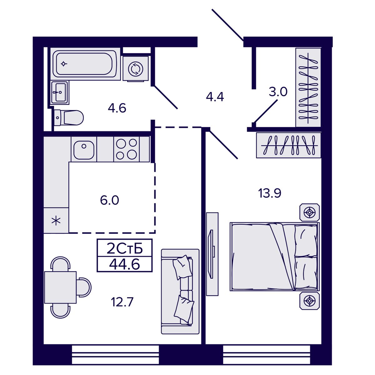2-комнатная, 44.56 м², № 173 в Сподвижники