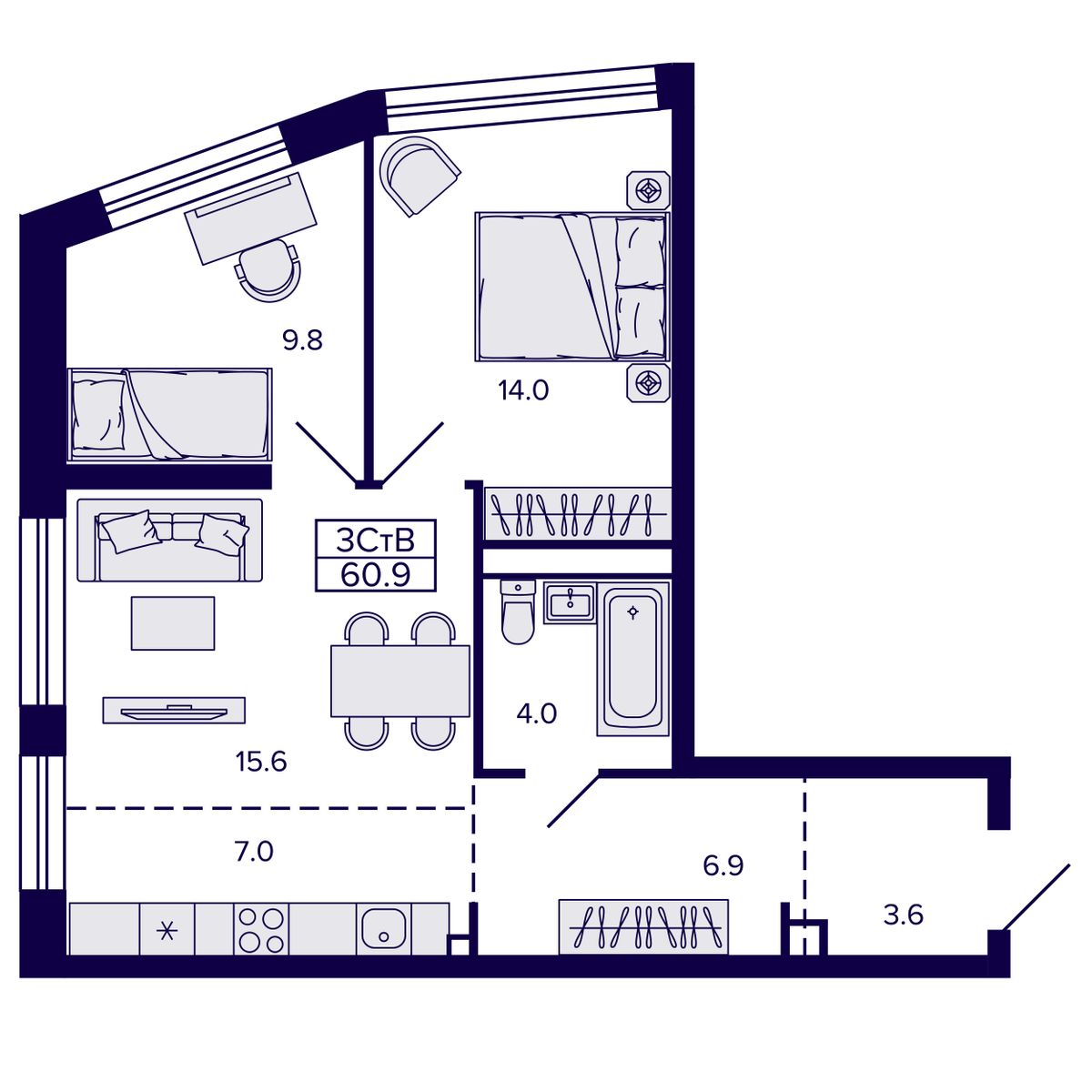 3-комнатная, 60.89 м², № 129 в Сподвижники