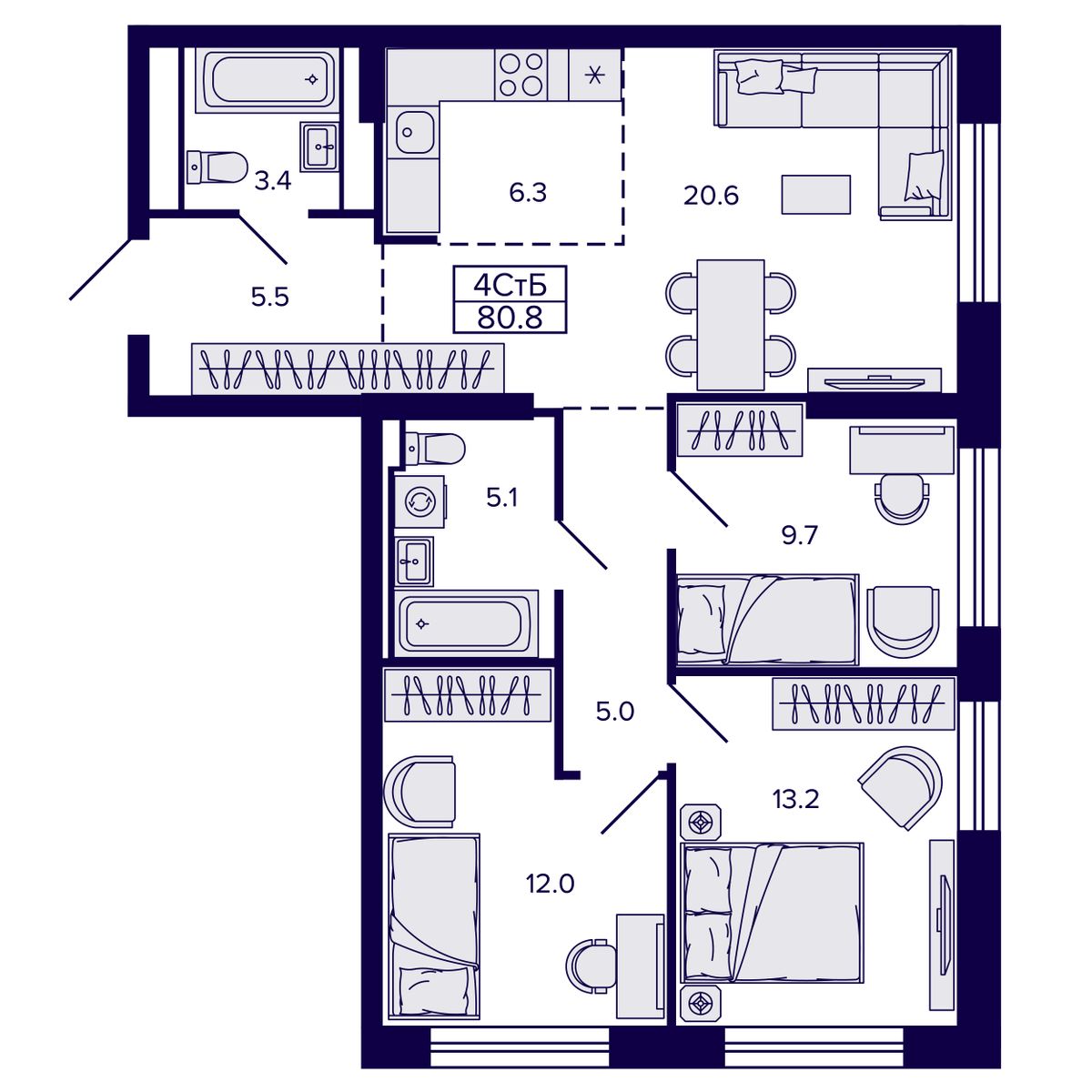 4-комнатная, 80.8 м², № 51 в Сподвижники