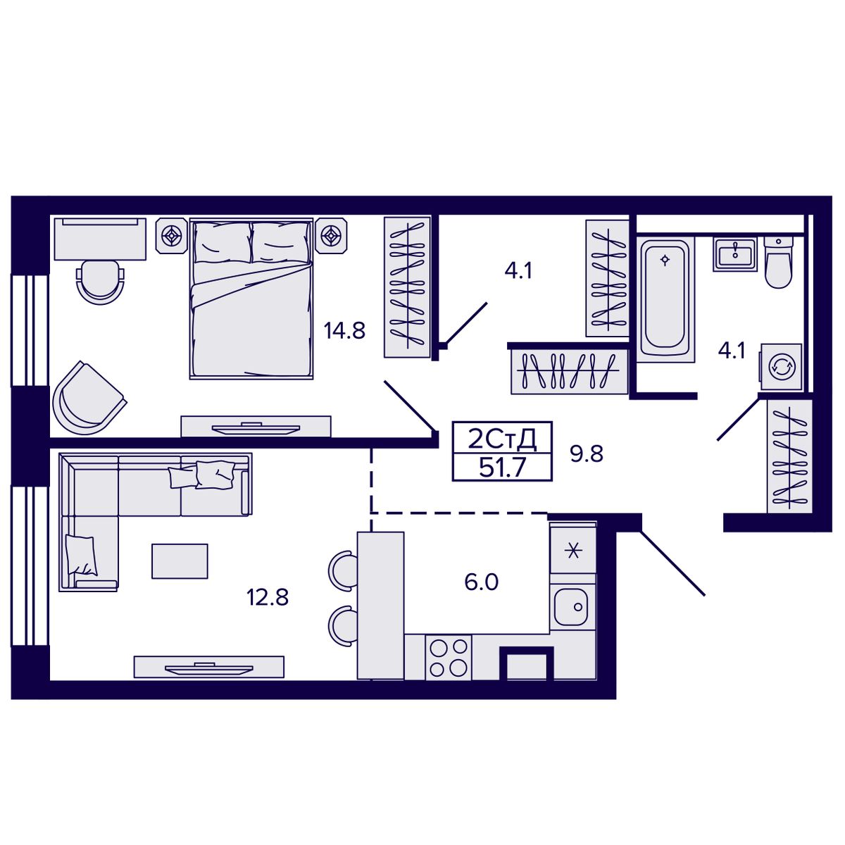 2-комнатная, 51.59 м², № 212 в Сподвижники