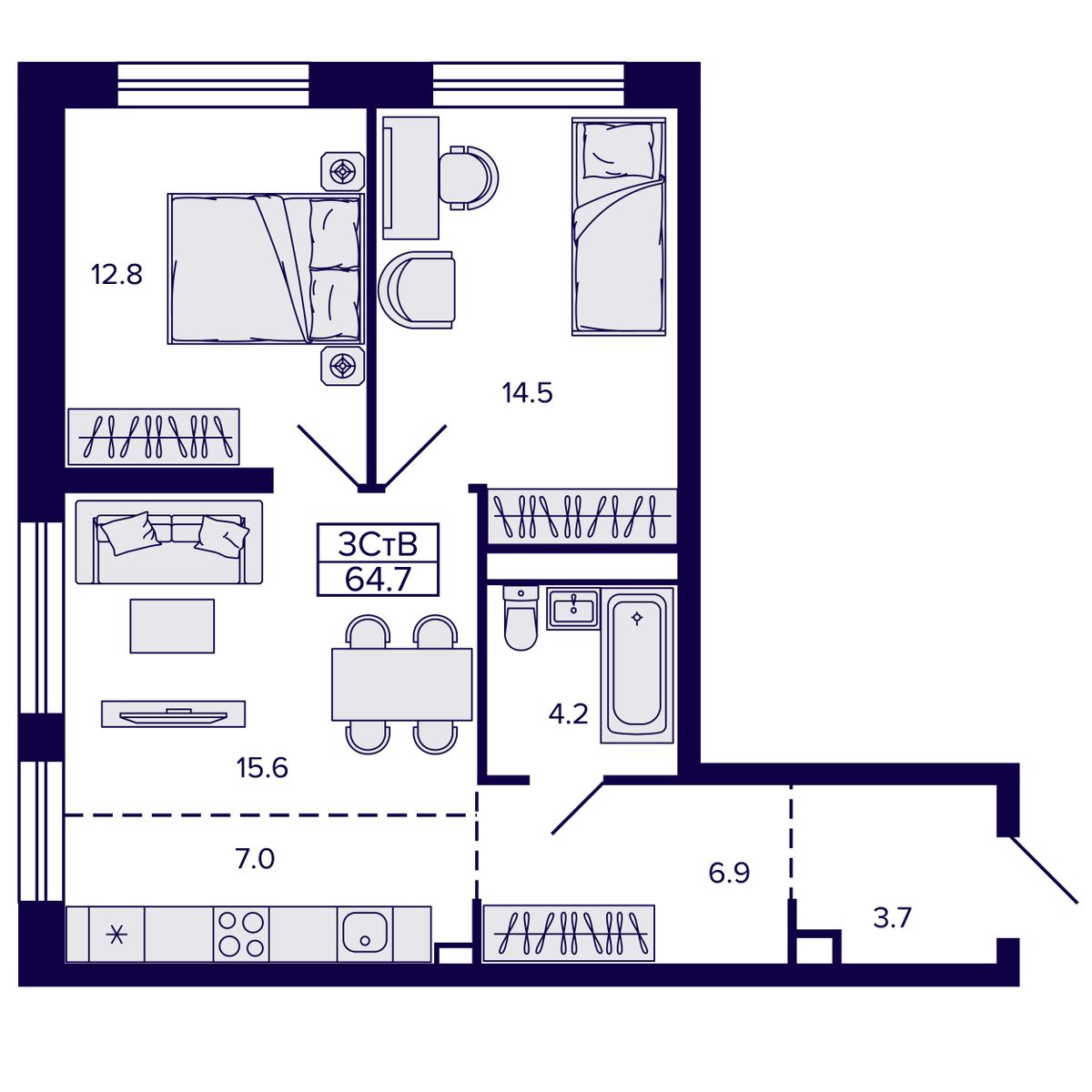 3-комнатная, 64.69 м², № 45 в Сподвижники