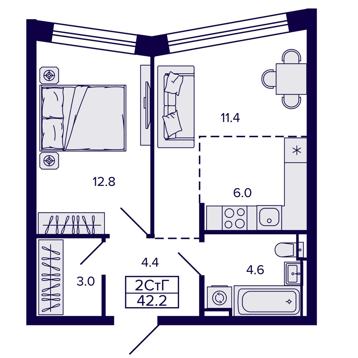 2-комнатная, 42.22 м², № 169 в Сподвижники