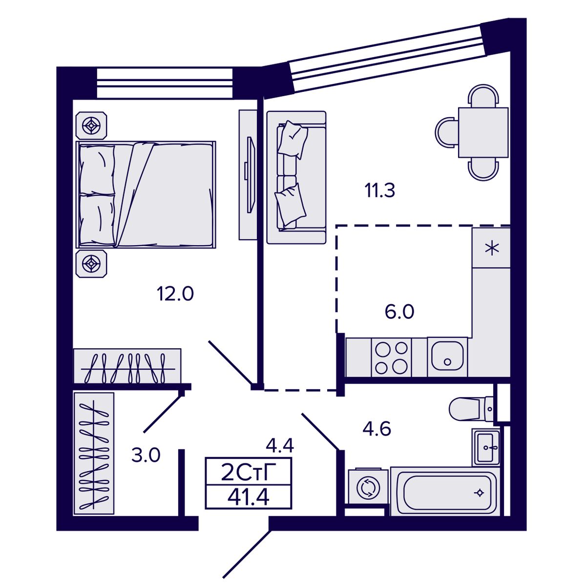 2-комнатная, 41.4 м², № 133 в Сподвижники