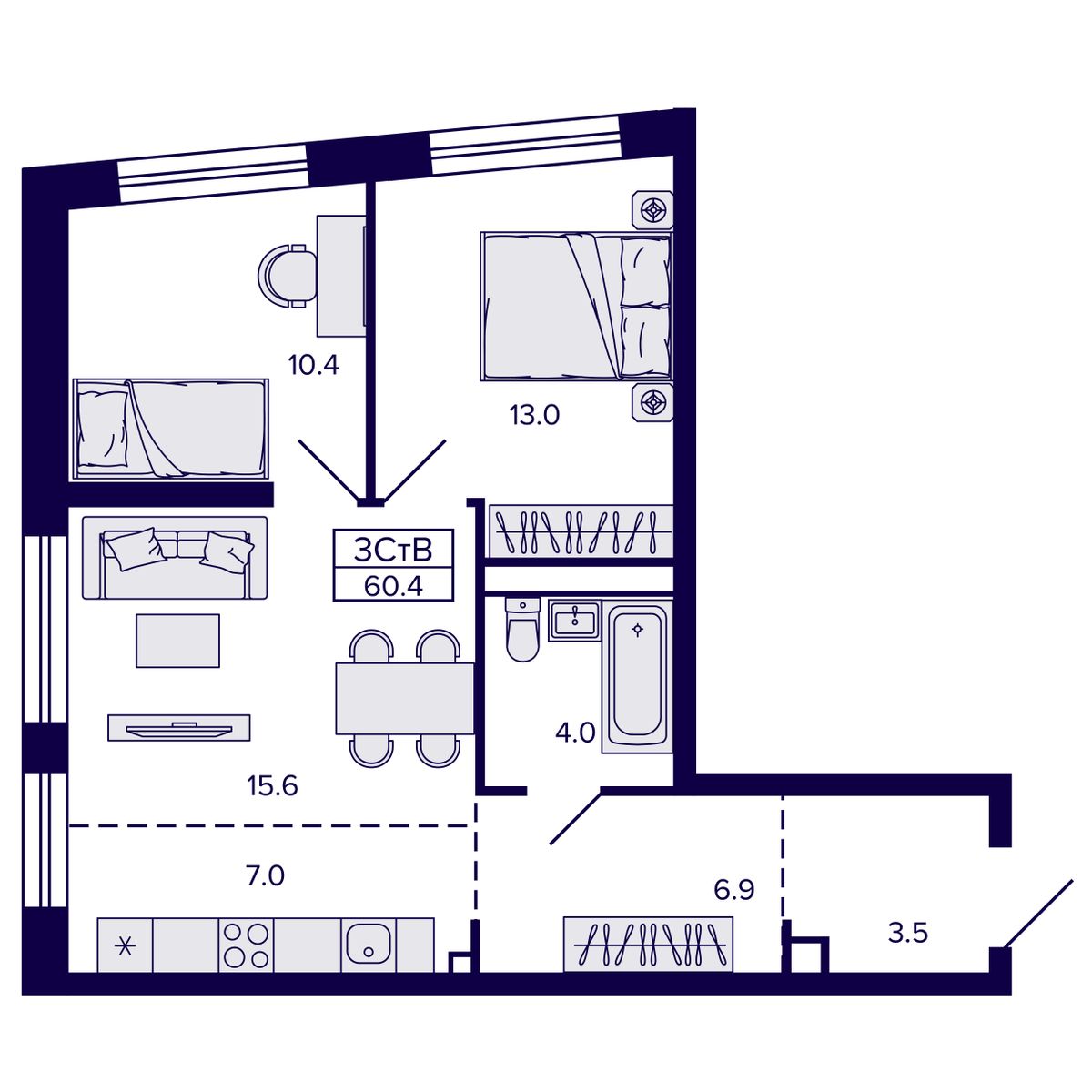 3-комнатная, 60.4 м², № 165 в Сподвижники