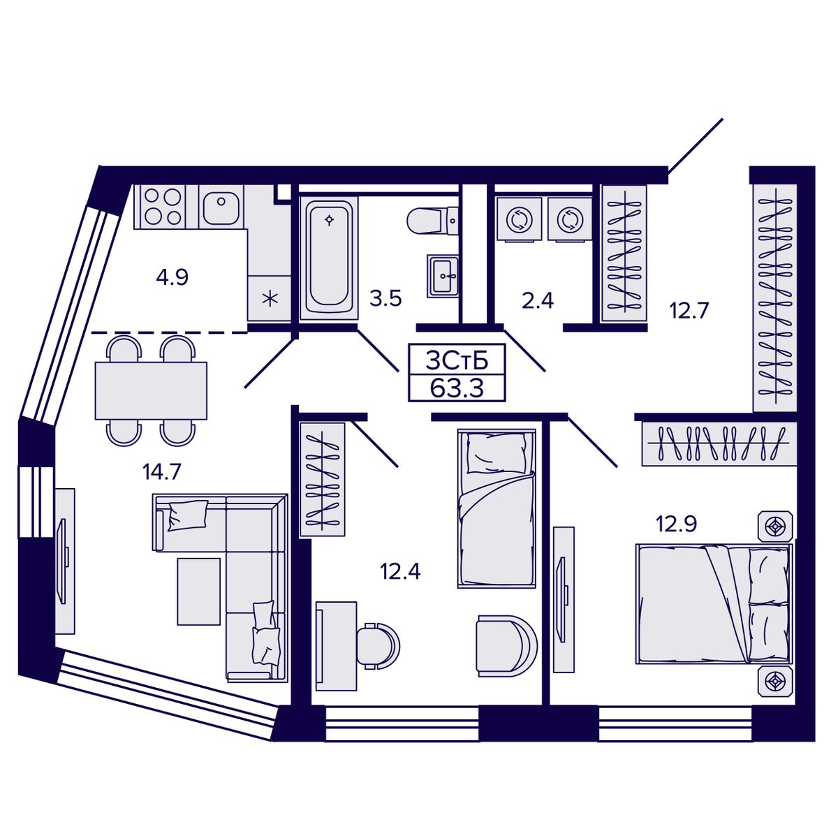 3-комнатная, 63.34 м², № 55 в Сподвижники