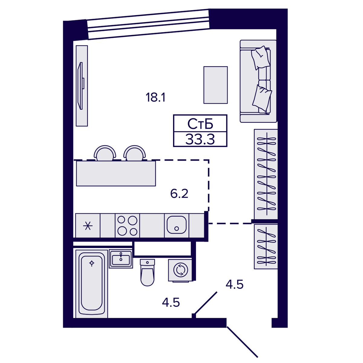 Студия, 33.28 м², № 166 в Сподвижники