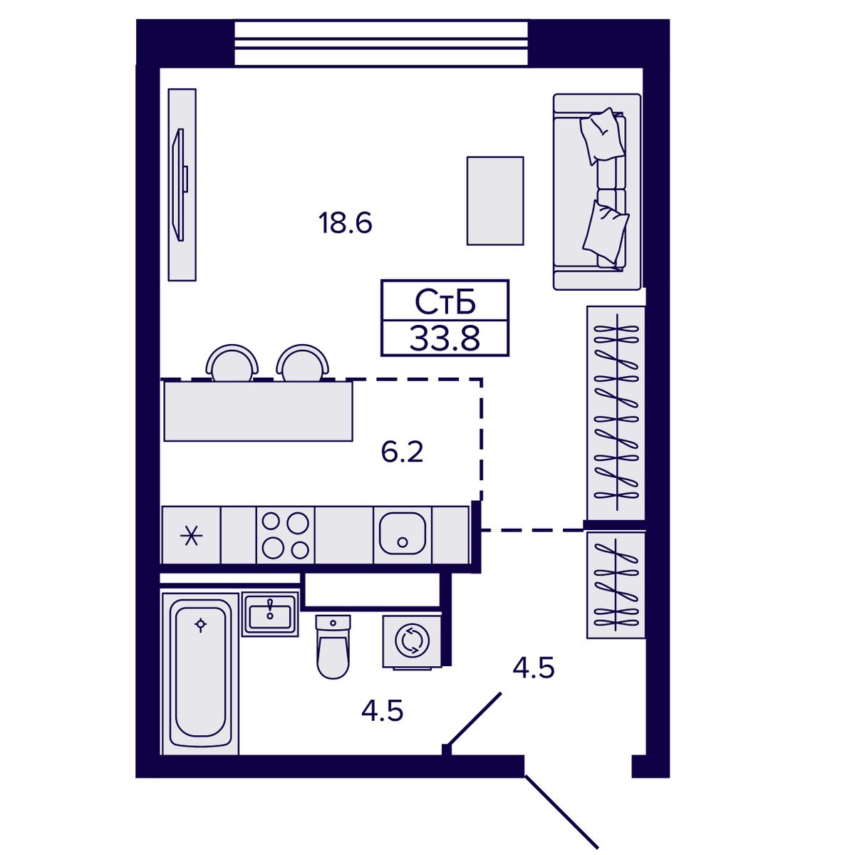 Студия, 33.77 м², № 130 в Сподвижники