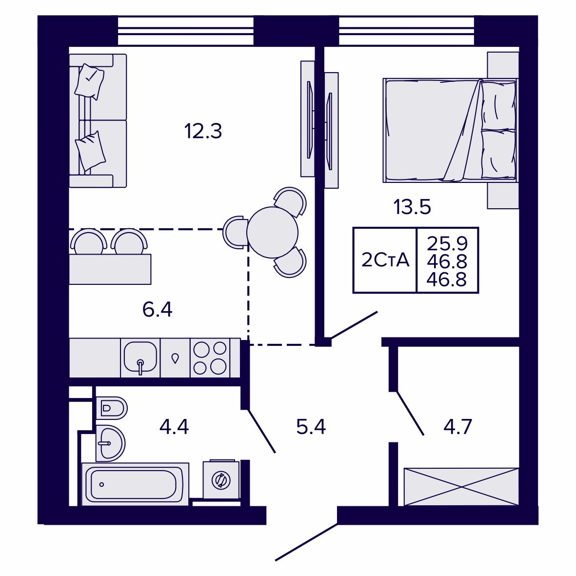 2-комнатная, 46.85 м², № 121 в Сподвижники