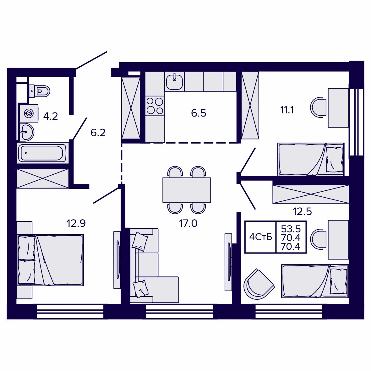 4-комнатная, 70.41 м², № 125 в Сподвижники