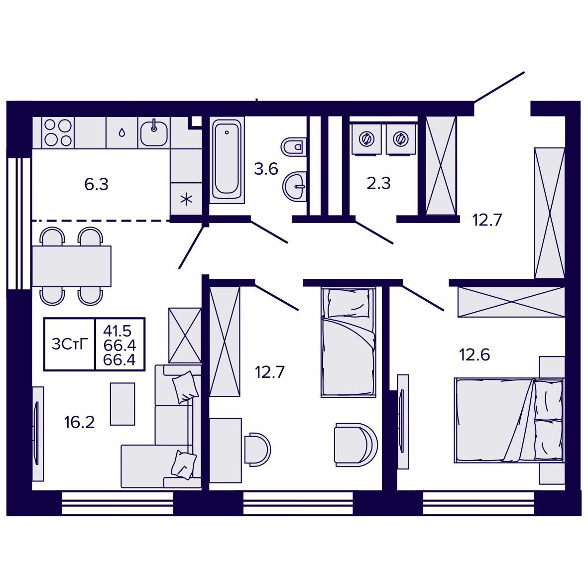 3-комнатная, 66.36 м², № 212 в Сподвижники