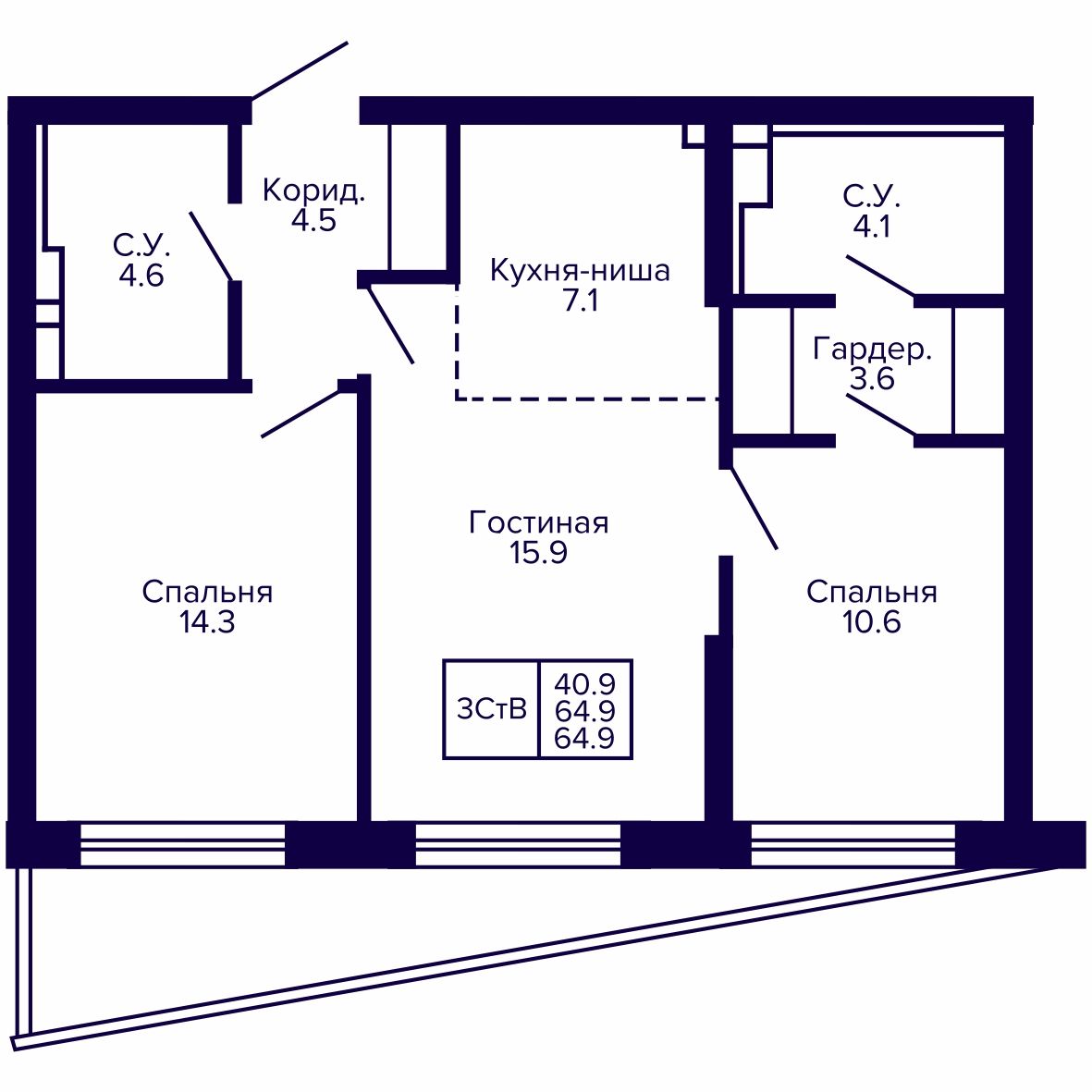 3-комнатная, 64.86 м², № 31 в Сподвижники