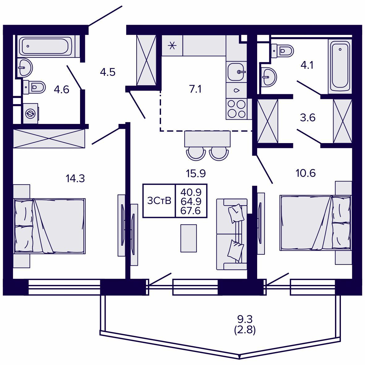 3-комнатная, 67.65 м², № 19 в Сподвижники