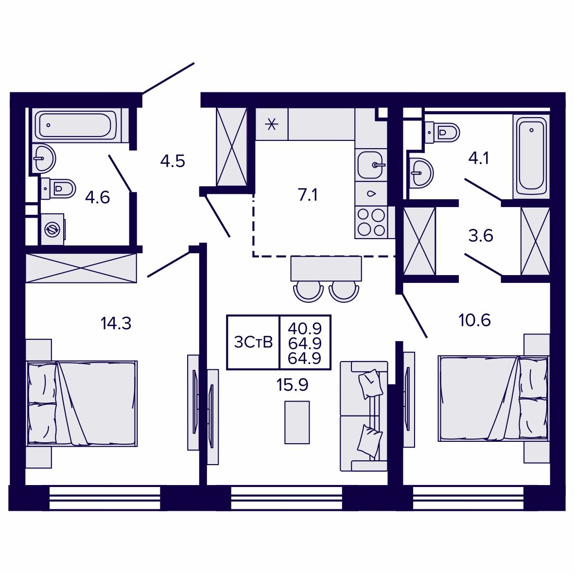3-комнатная, 64.86 м², № 127 в Сподвижники