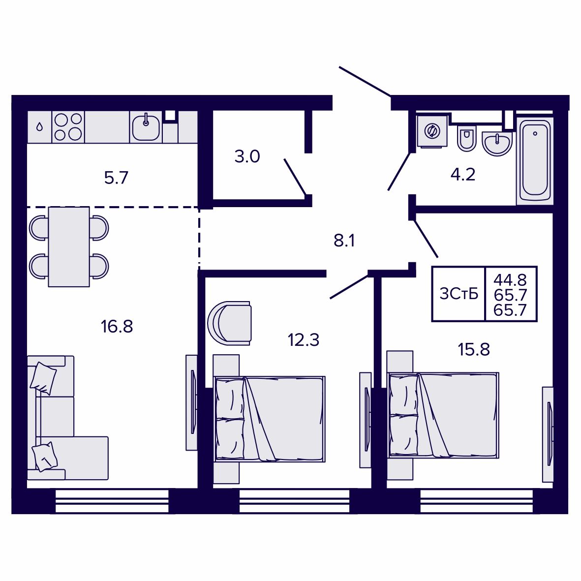 3-комнатная, 65.75 м², № 126 в Сподвижники