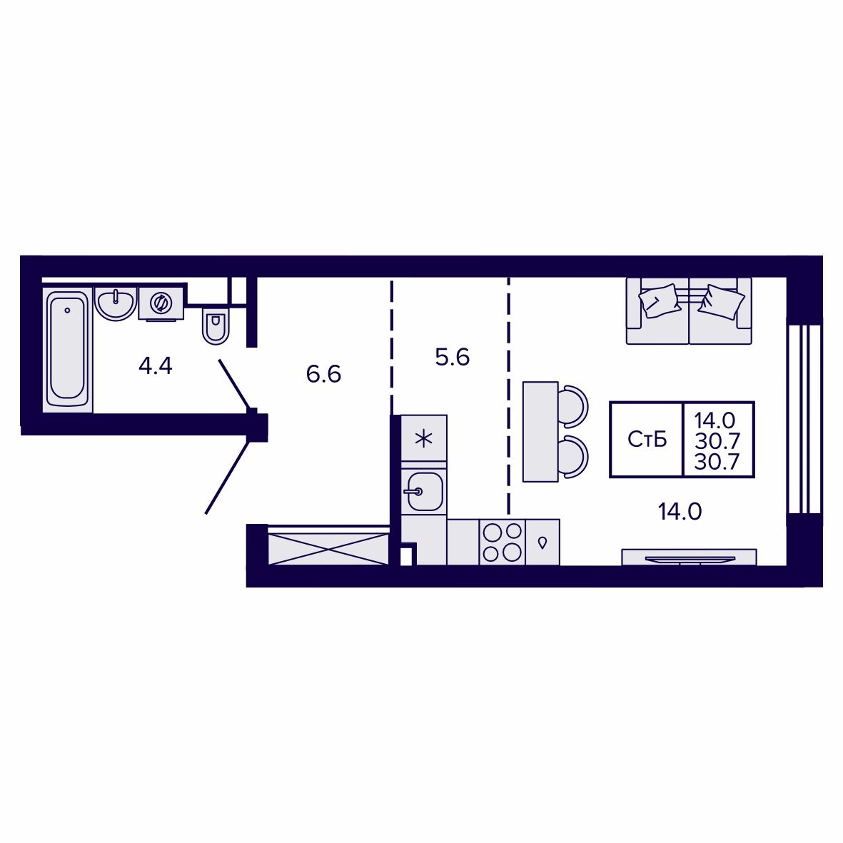 Студия, 30.66 м², № 184 в Сподвижники