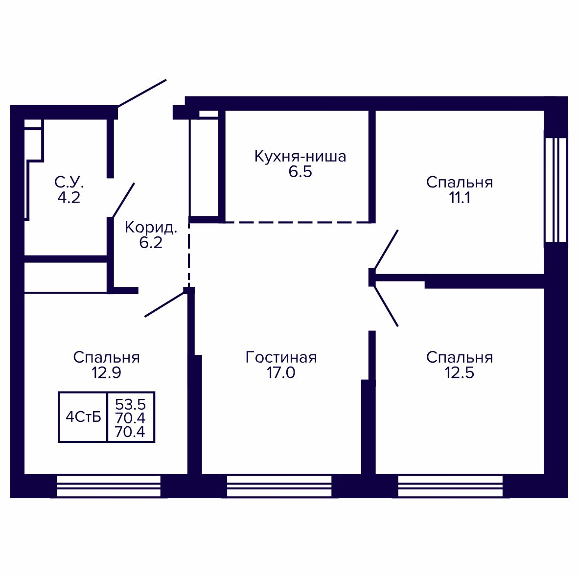 4-комнатная, 70.41 м², № 125 в Сподвижники