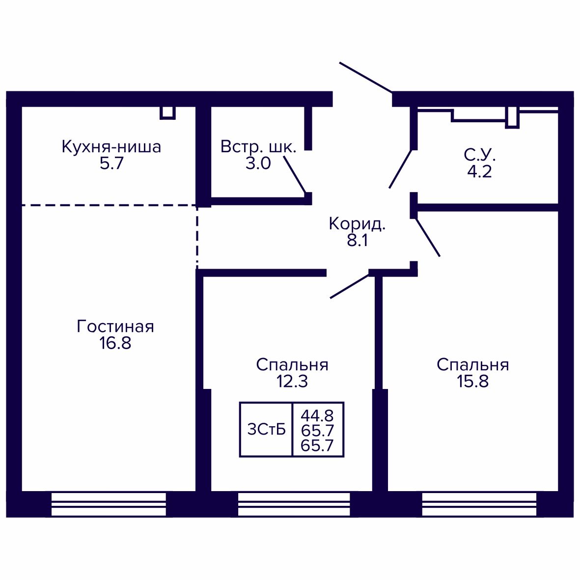 3-комнатная, 65.75 м², № 150 в Сподвижники
