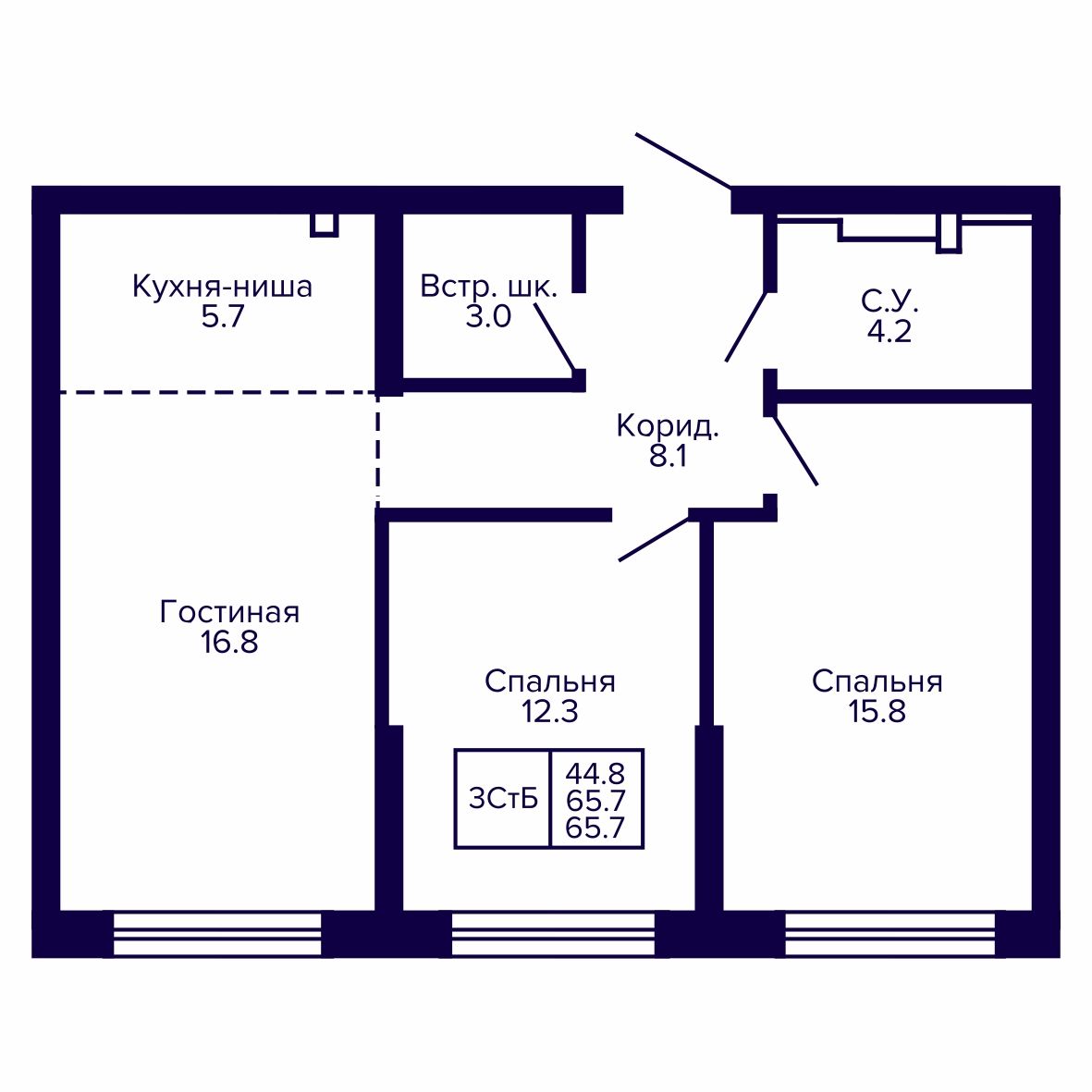 3-комнатная, 65.75 м², № 30 в Сподвижники
