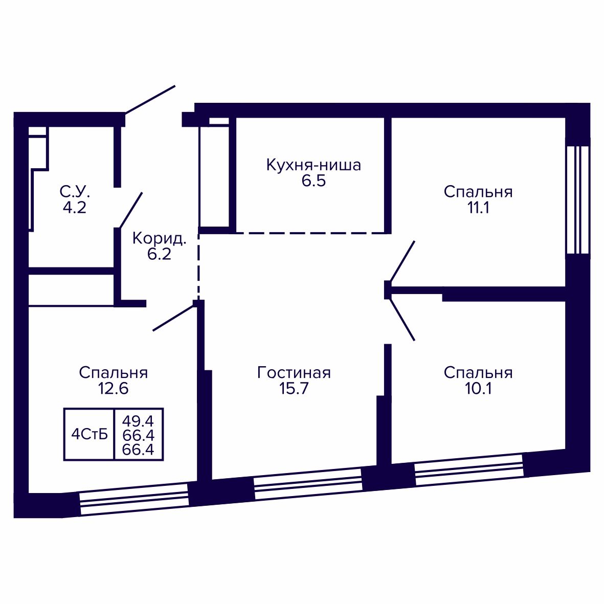 4-комнатная, 66.36 м², № 185 в Сподвижники