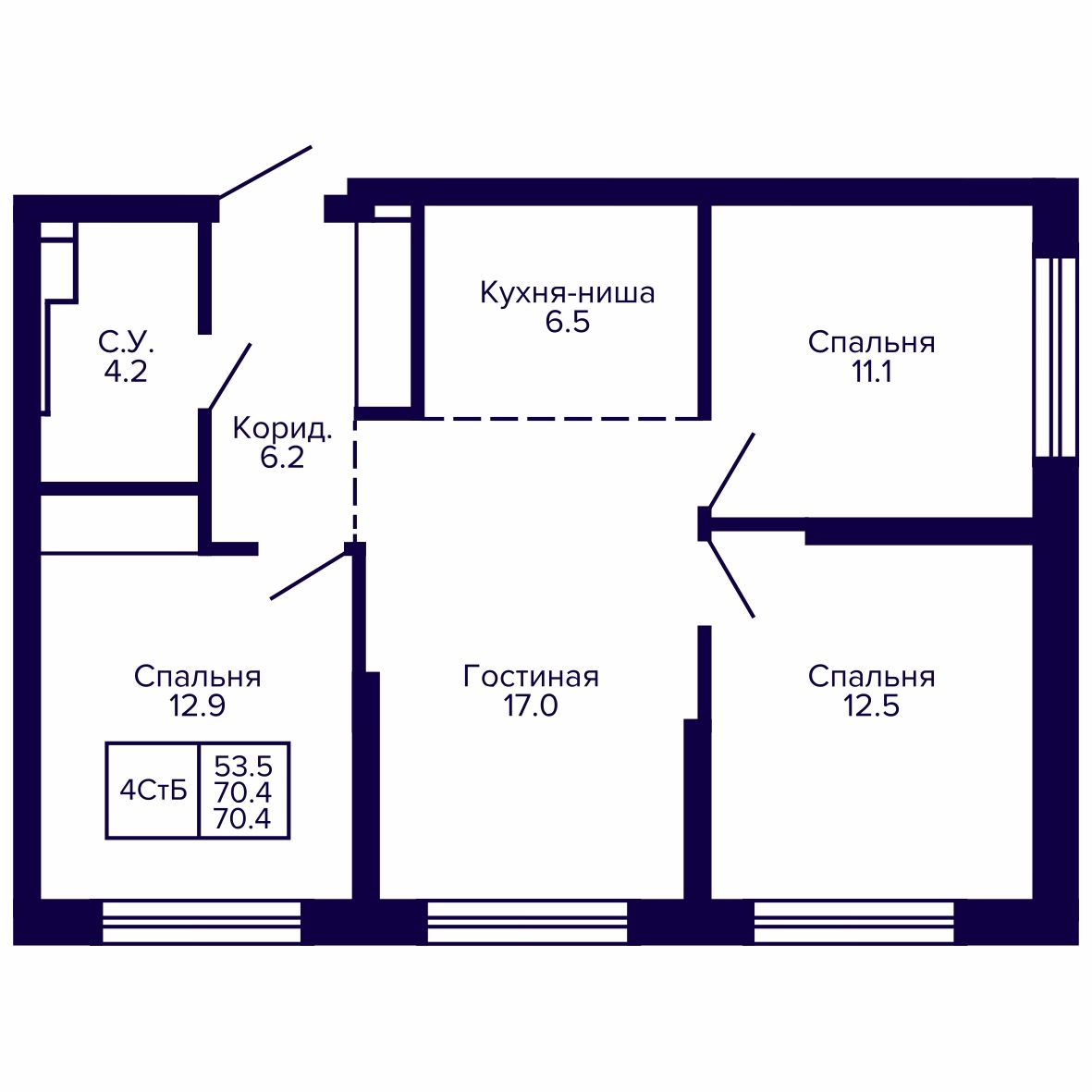 4-комнатная, 70.41 м², № 29 в Сподвижники
