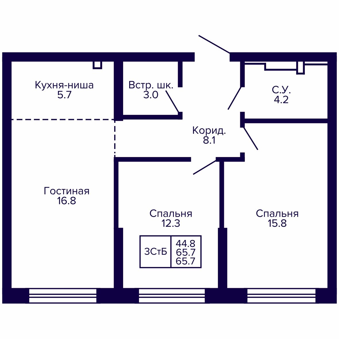 3-комнатная, 65.75 м², № 126 в Сподвижники