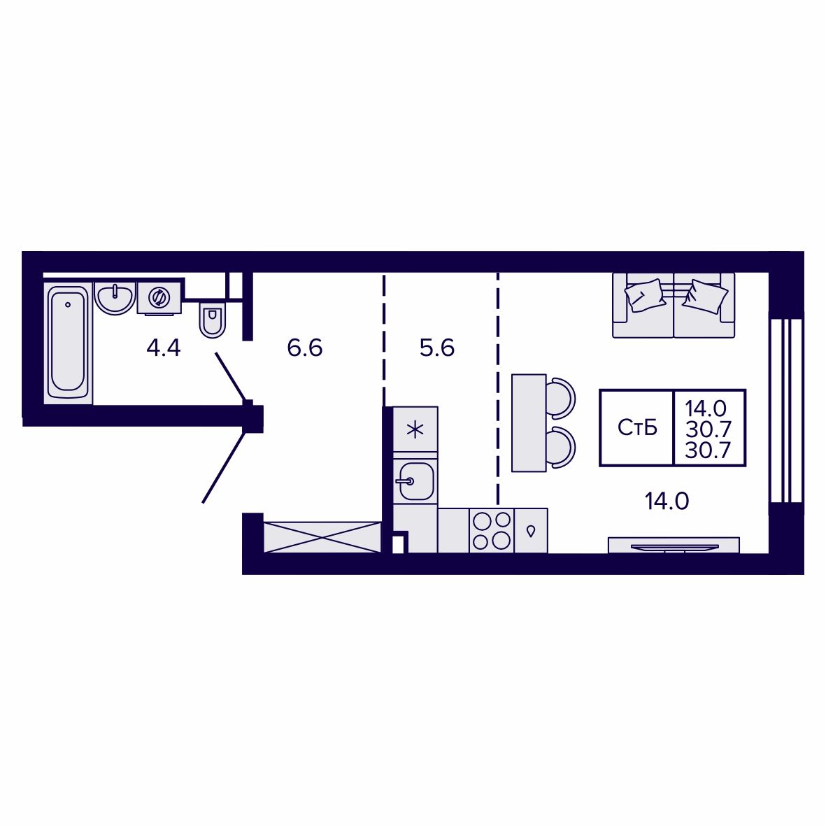 Студия, 30.66 м², № 148 в Сподвижники