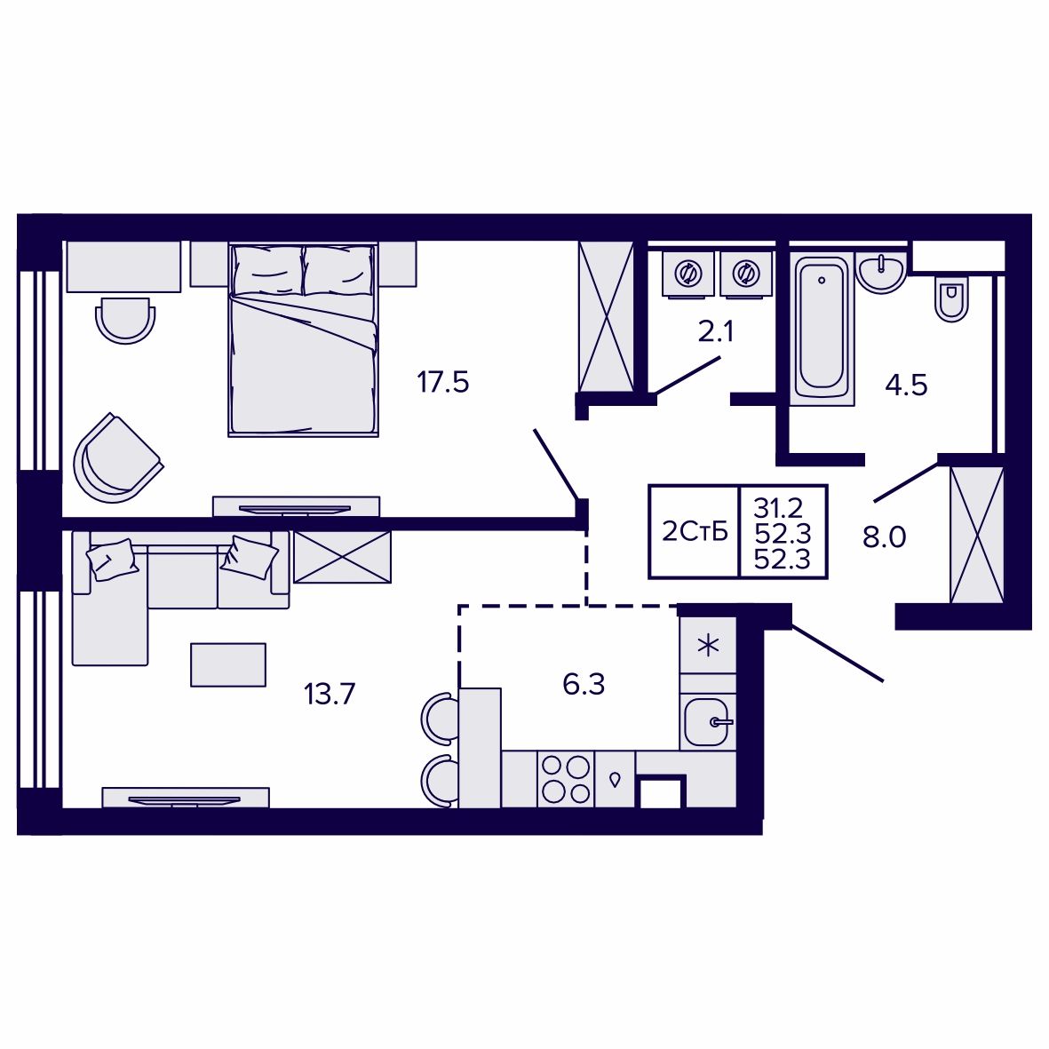 2-комнатная, 52.26 м², № 45 в Сподвижники