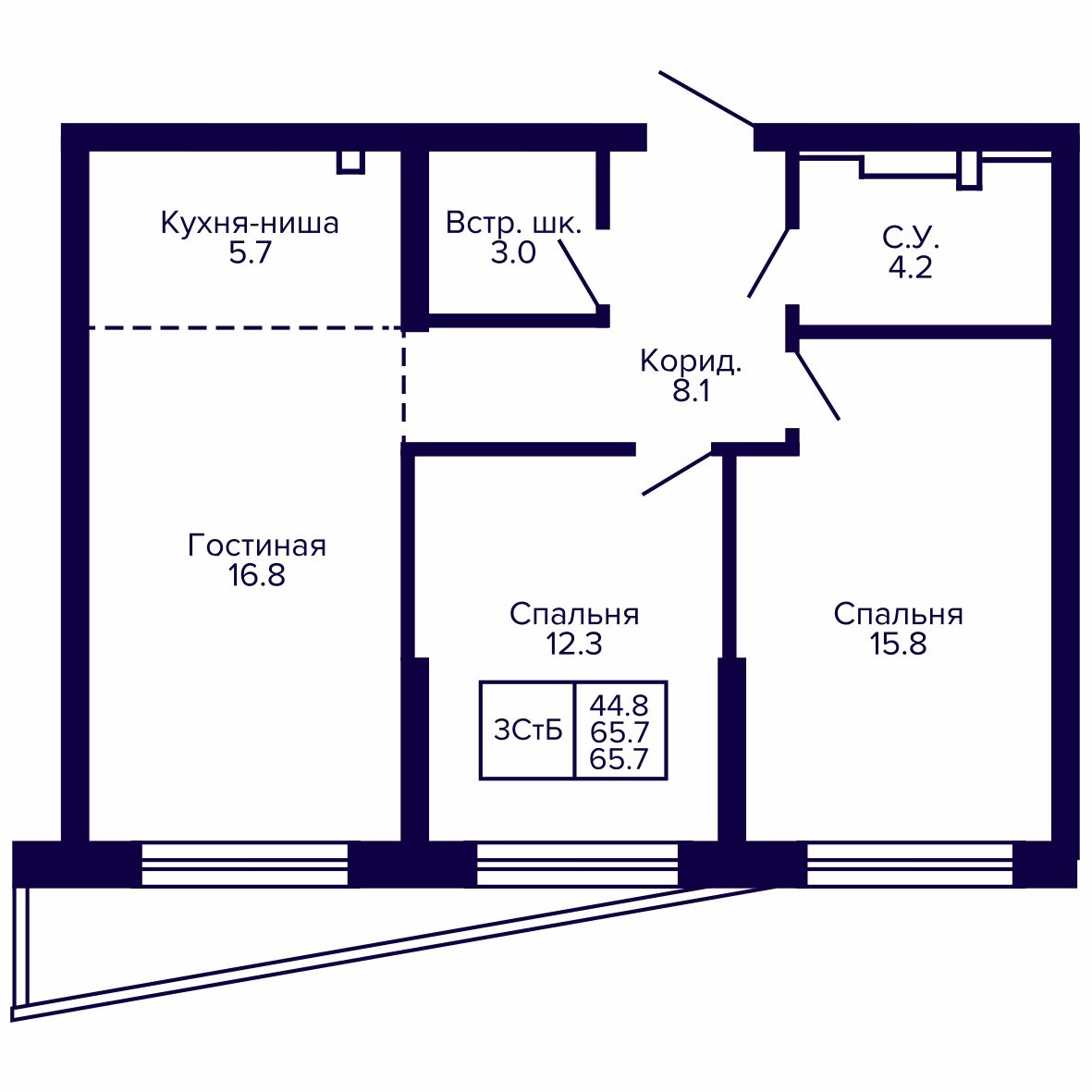 3-комнатная, 65.75 м², № 18 в Сподвижники