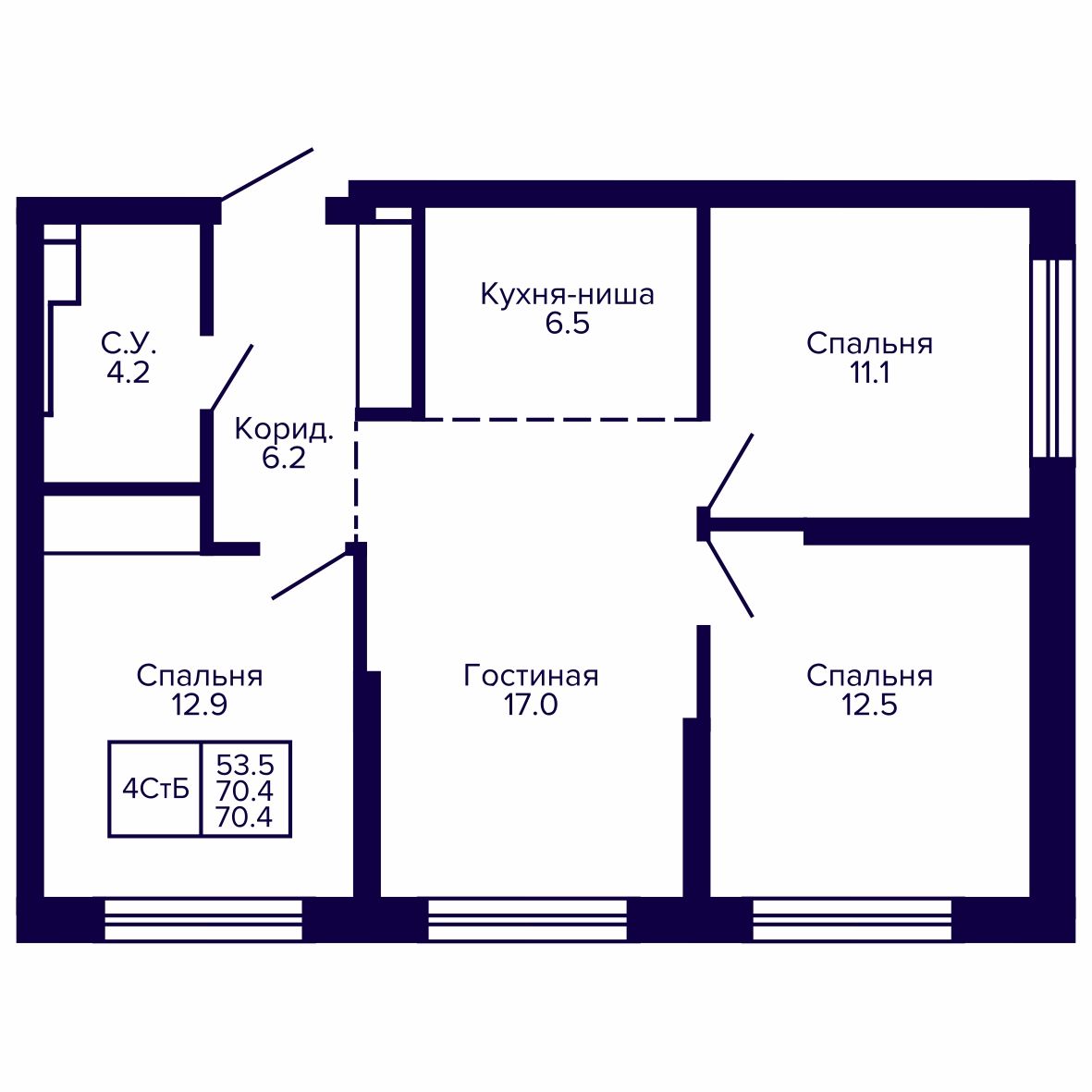 4-комнатная, 70.41 м², № 41 в Сподвижники
