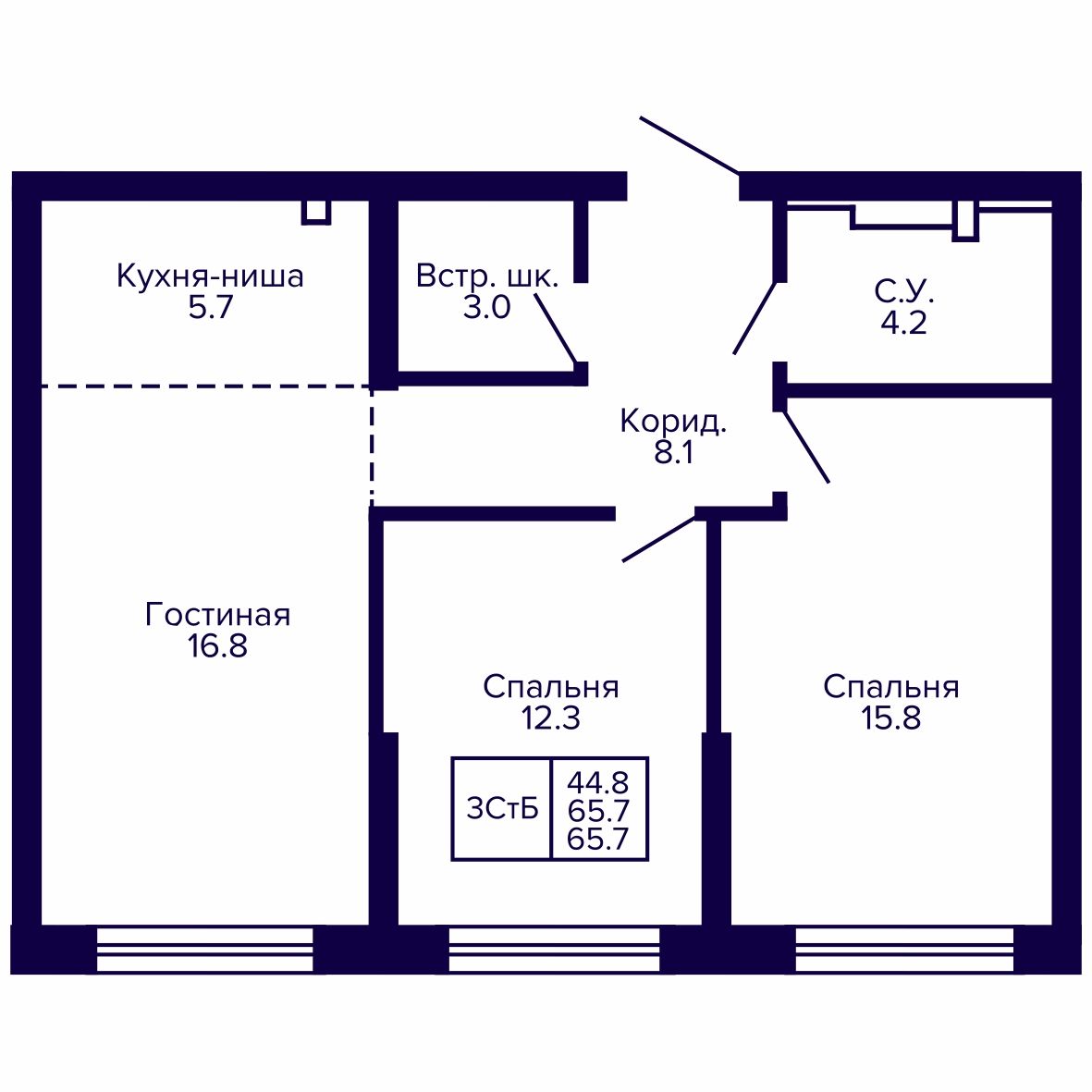 3-комнатная, 65.75 м², № 186 в Сподвижники