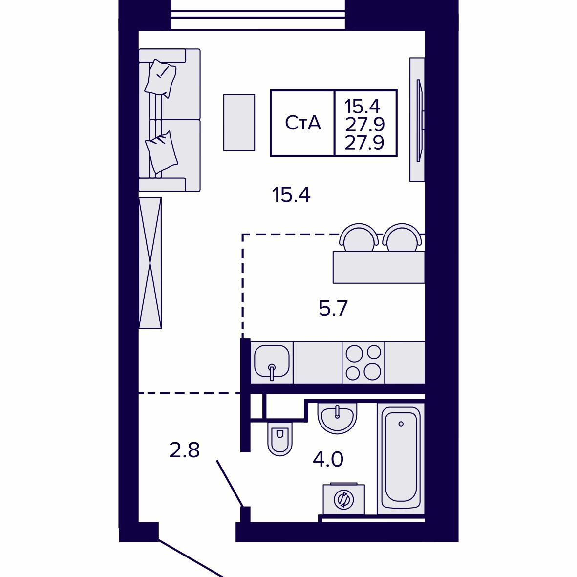 Студия, 27.98 м², № 120 в Сподвижники