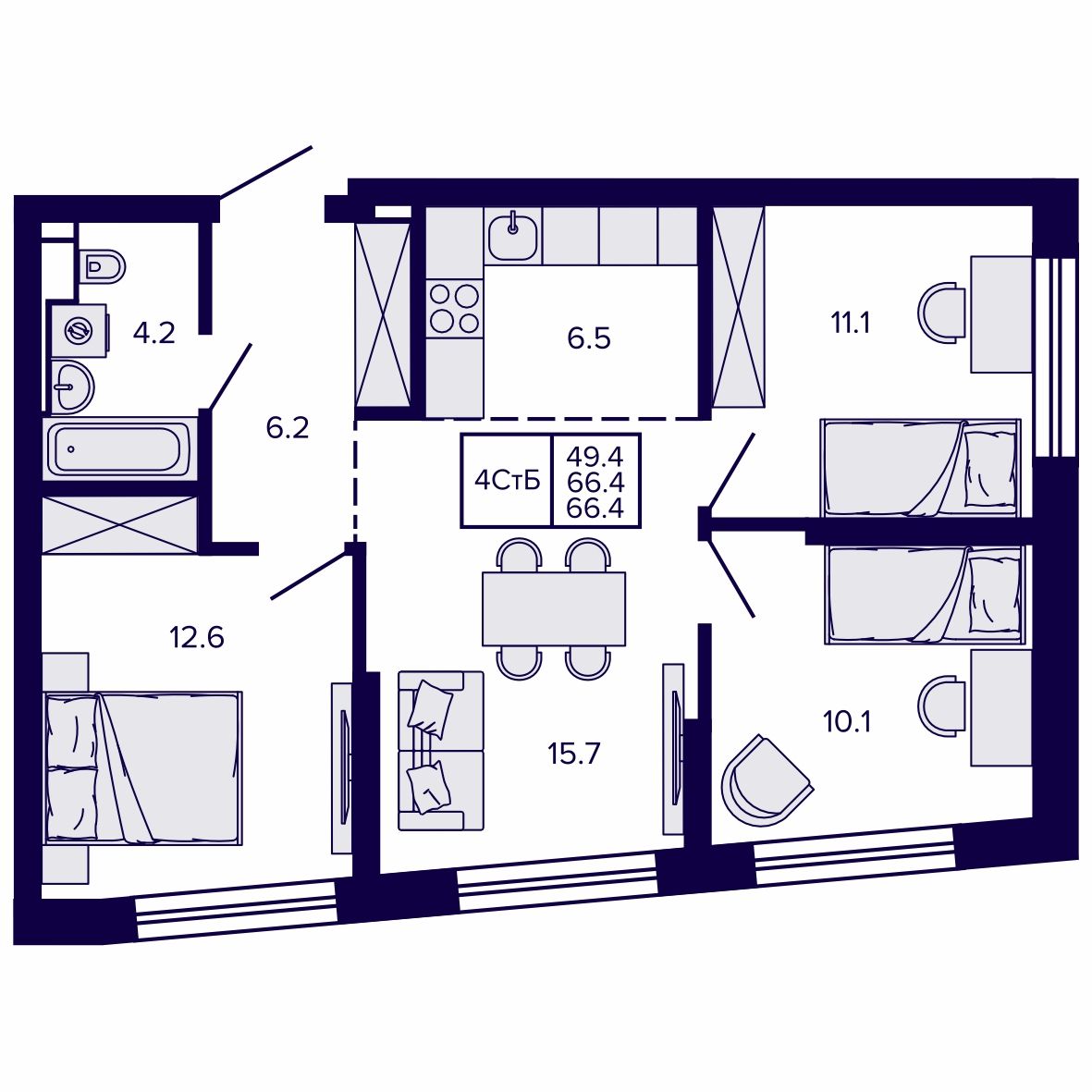 4-комнатная, 66.36 м², № 185 в Сподвижники