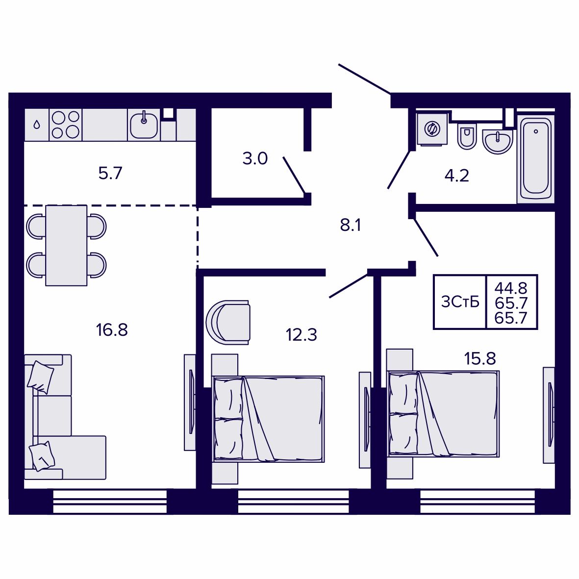 3-комнатная, 65.75 м², № 186 в Сподвижники