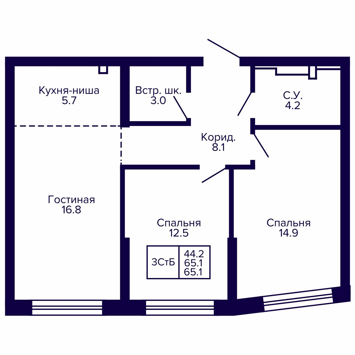 3-комнатная, 65.1 м², № 210 в Сподвижники