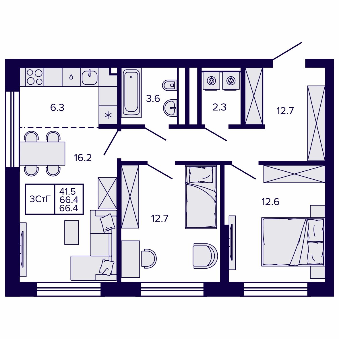 3-комнатная, 66.36 м², № 188 в Сподвижники