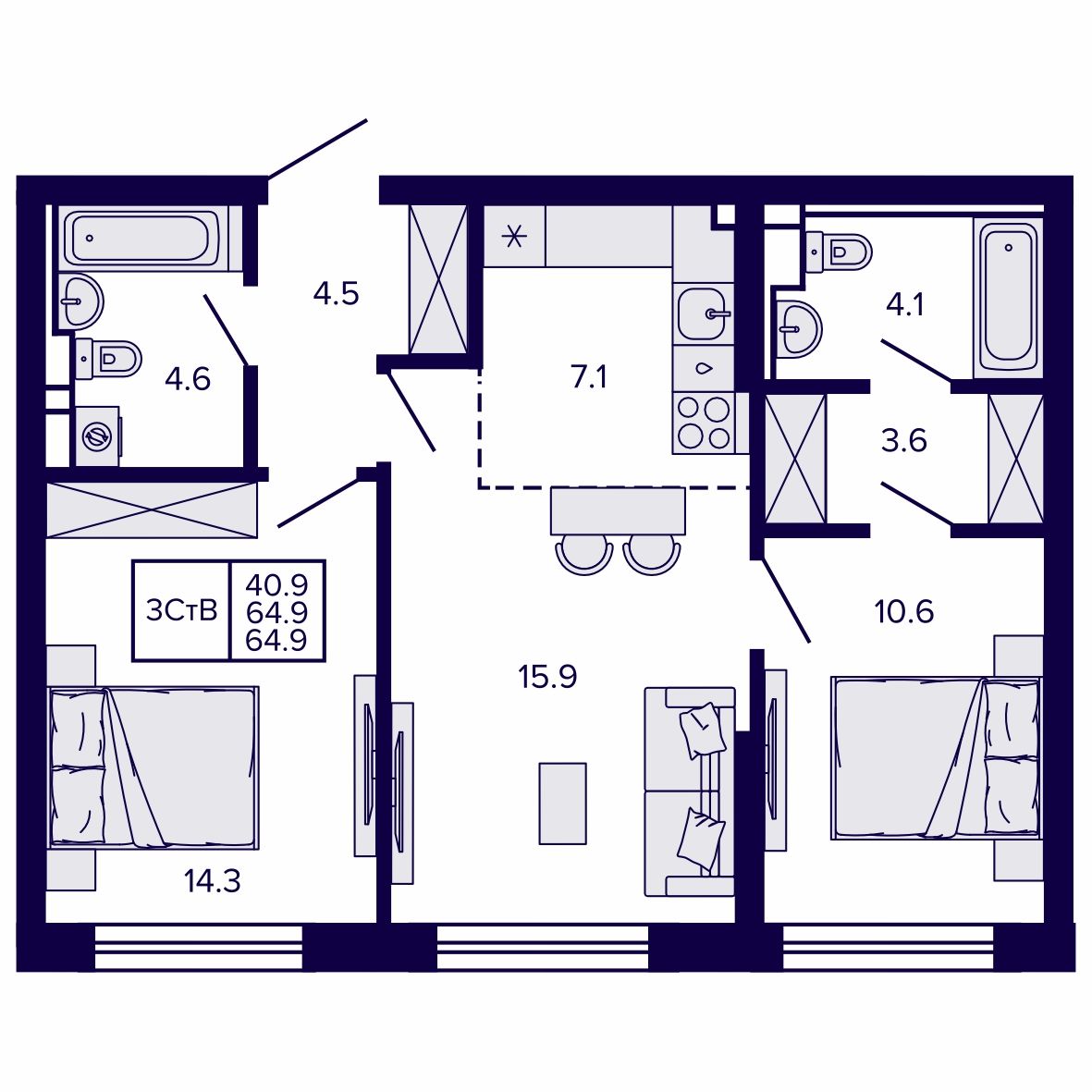 3-комнатная, 64.86 м², № 43 в Сподвижники