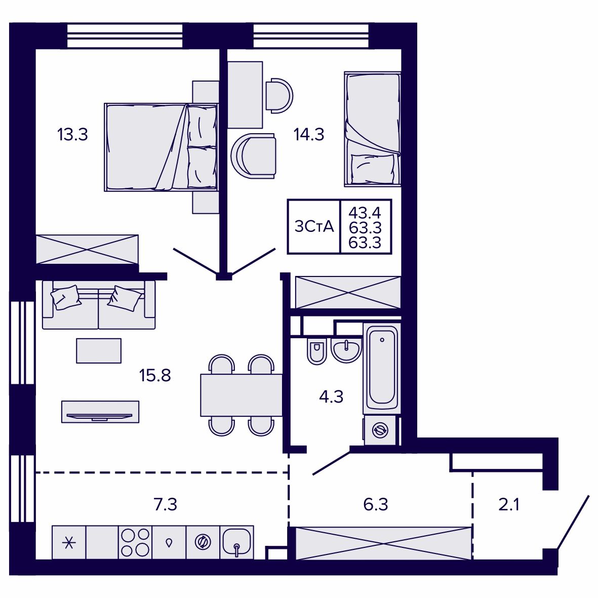 3-комнатная, 63.32 м², № 142 в Сподвижники