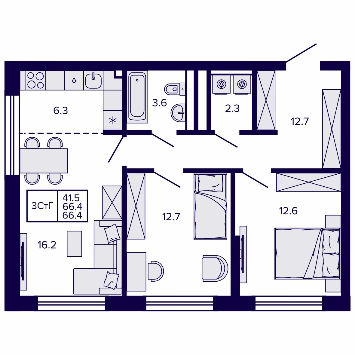 3-комнатная, 66.36 м², № 20 в Сподвижники