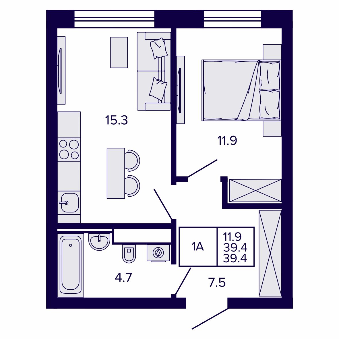 1-комнатная, 39.39 м², № 11 в Сподвижники