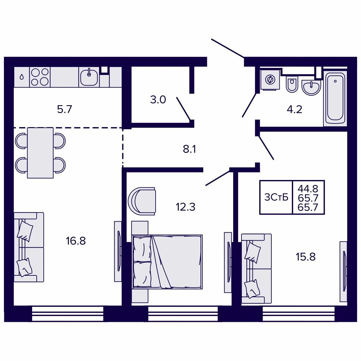 3-комнатная, 65.75 м², № 150 в Сподвижники