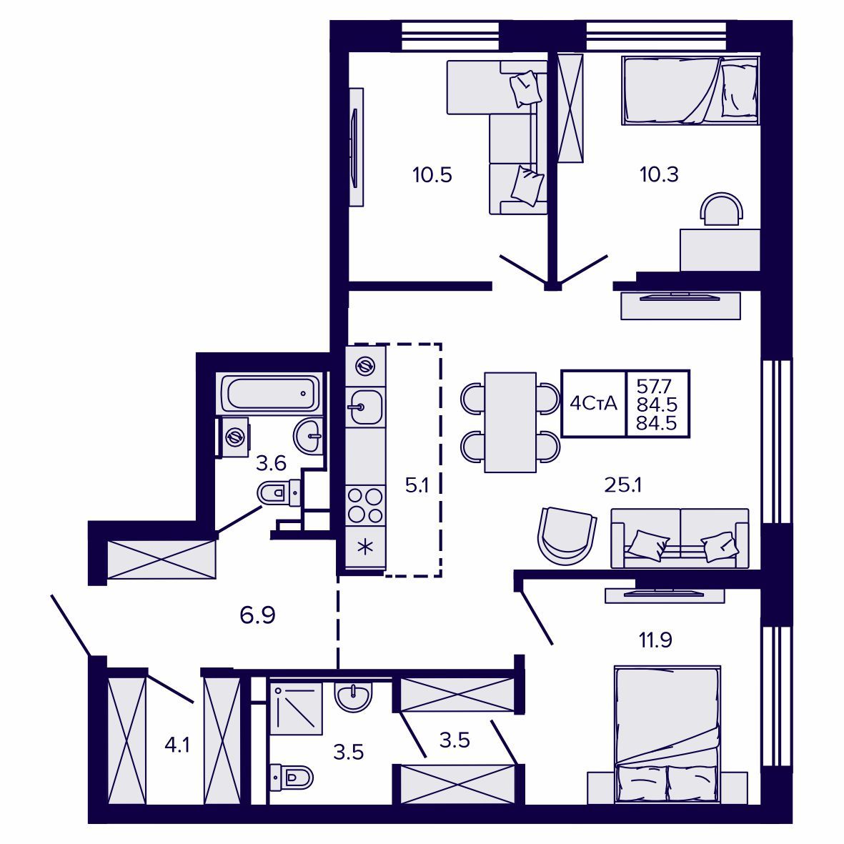 4-комнатная, 84.46 м², № 207 в Сподвижники
