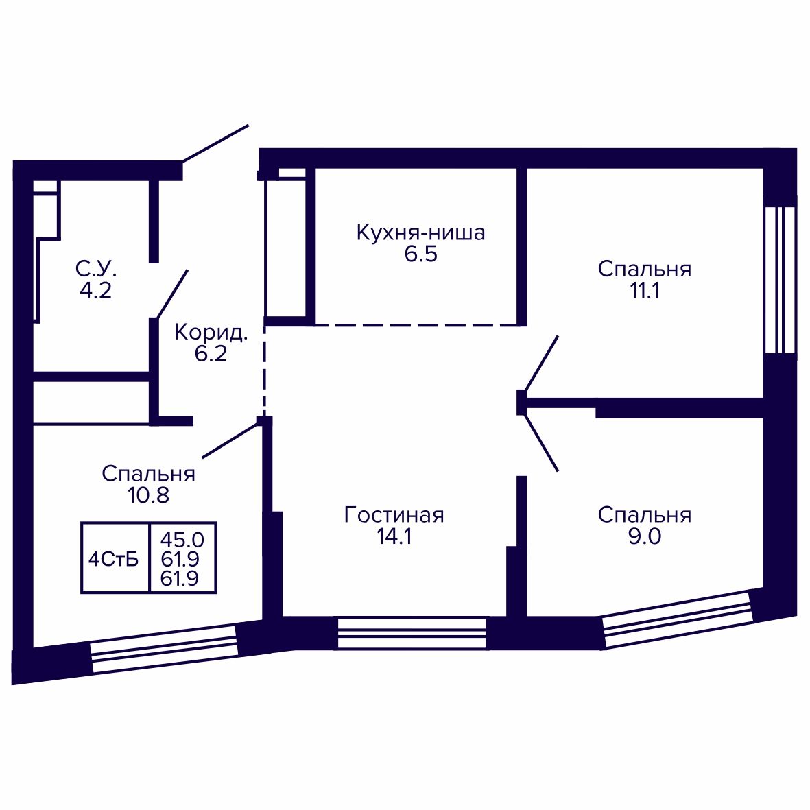 4-комнатная, 61.94 м², № 209 в Сподвижники