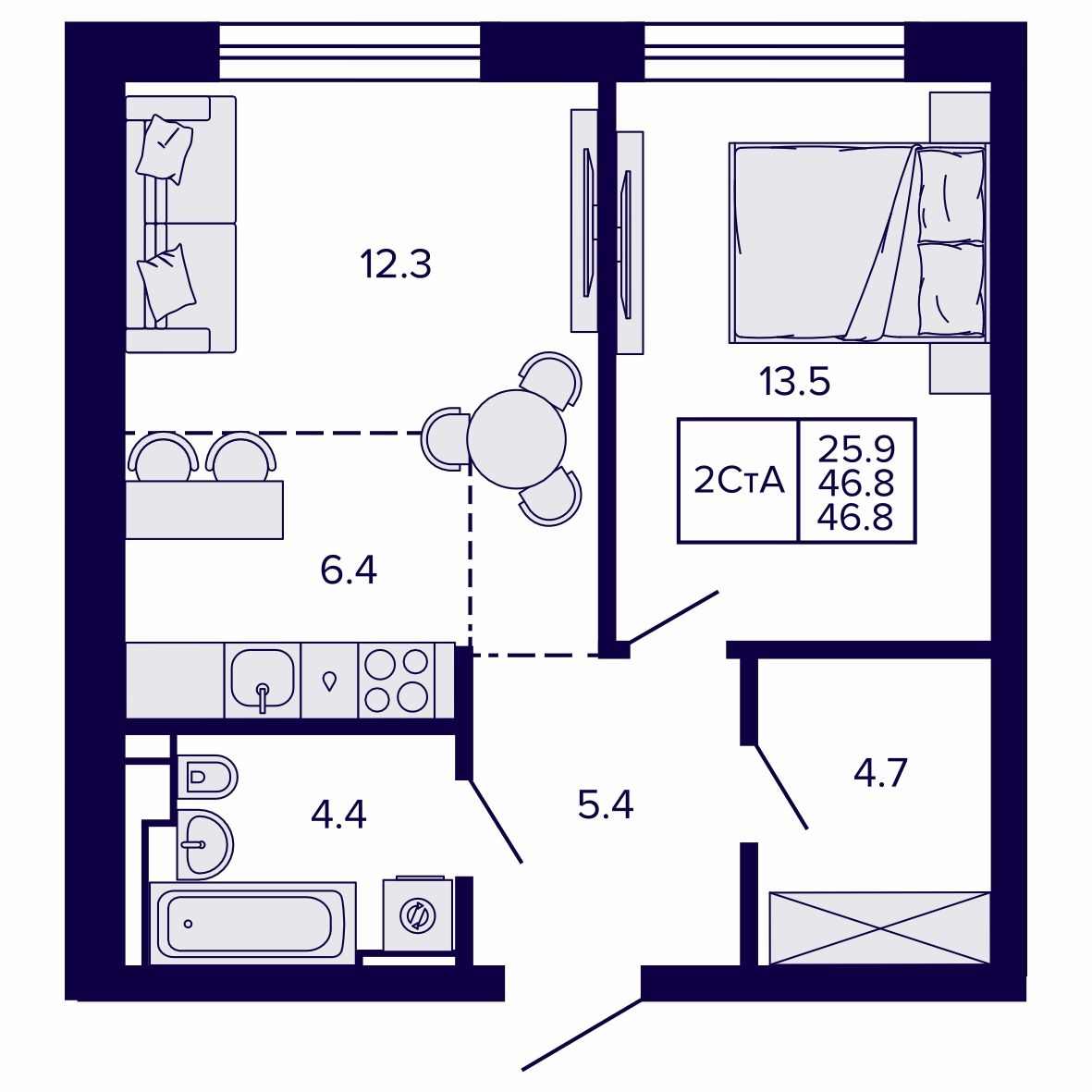 2-комнатная, 46.85 м², № 25 в Сподвижники