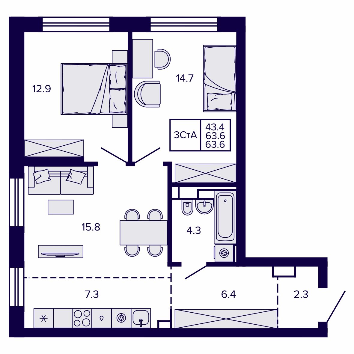 3-комнатная, 63.65 м², № 22 в Сподвижники