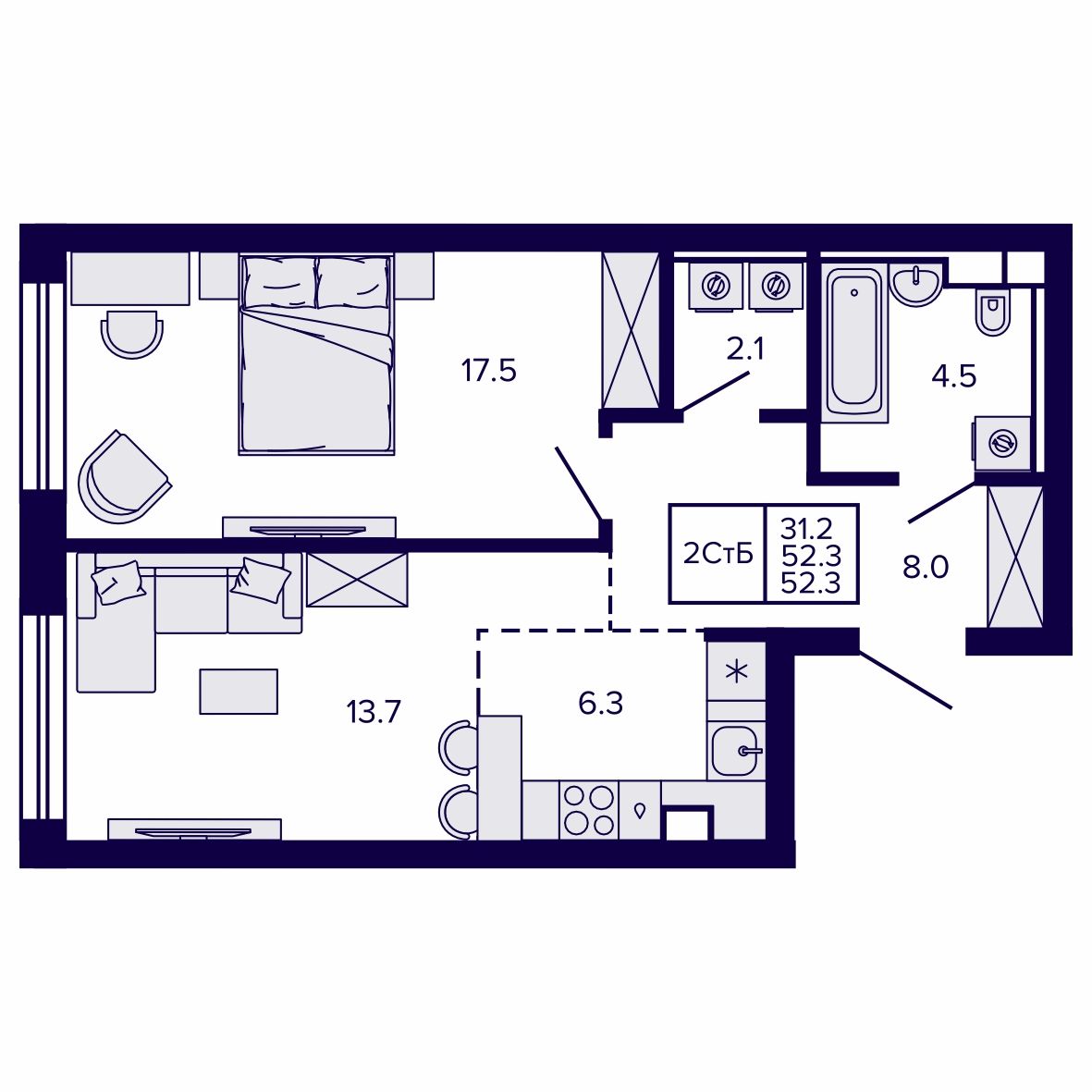 2-комнатная, 52.26 м², № 189 в Сподвижники