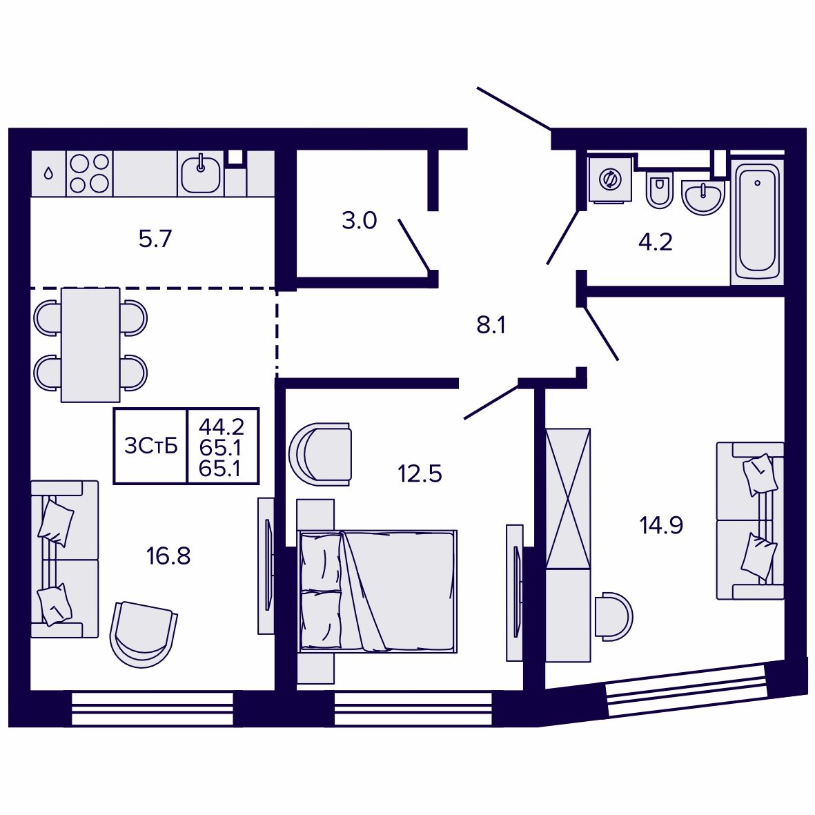 3-комнатная, 65.1 м², № 210 в Сподвижники