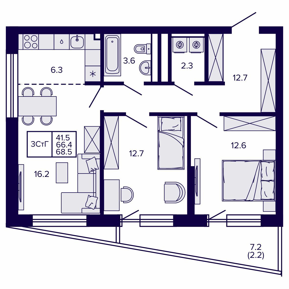 3-комнатная, 68.52 м², № 32 в Сподвижники