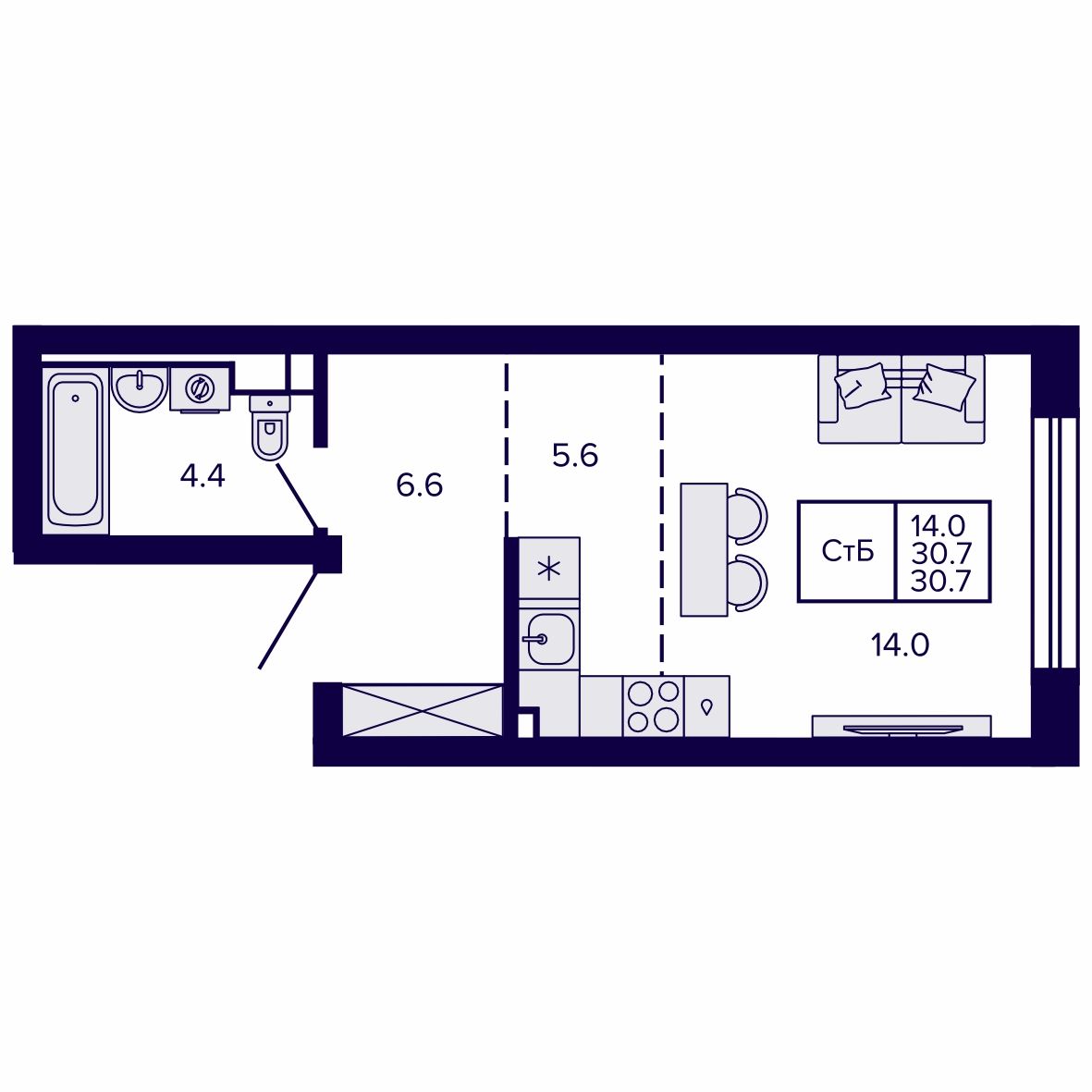 Студия, 30.67 м², № 124 в Сподвижники